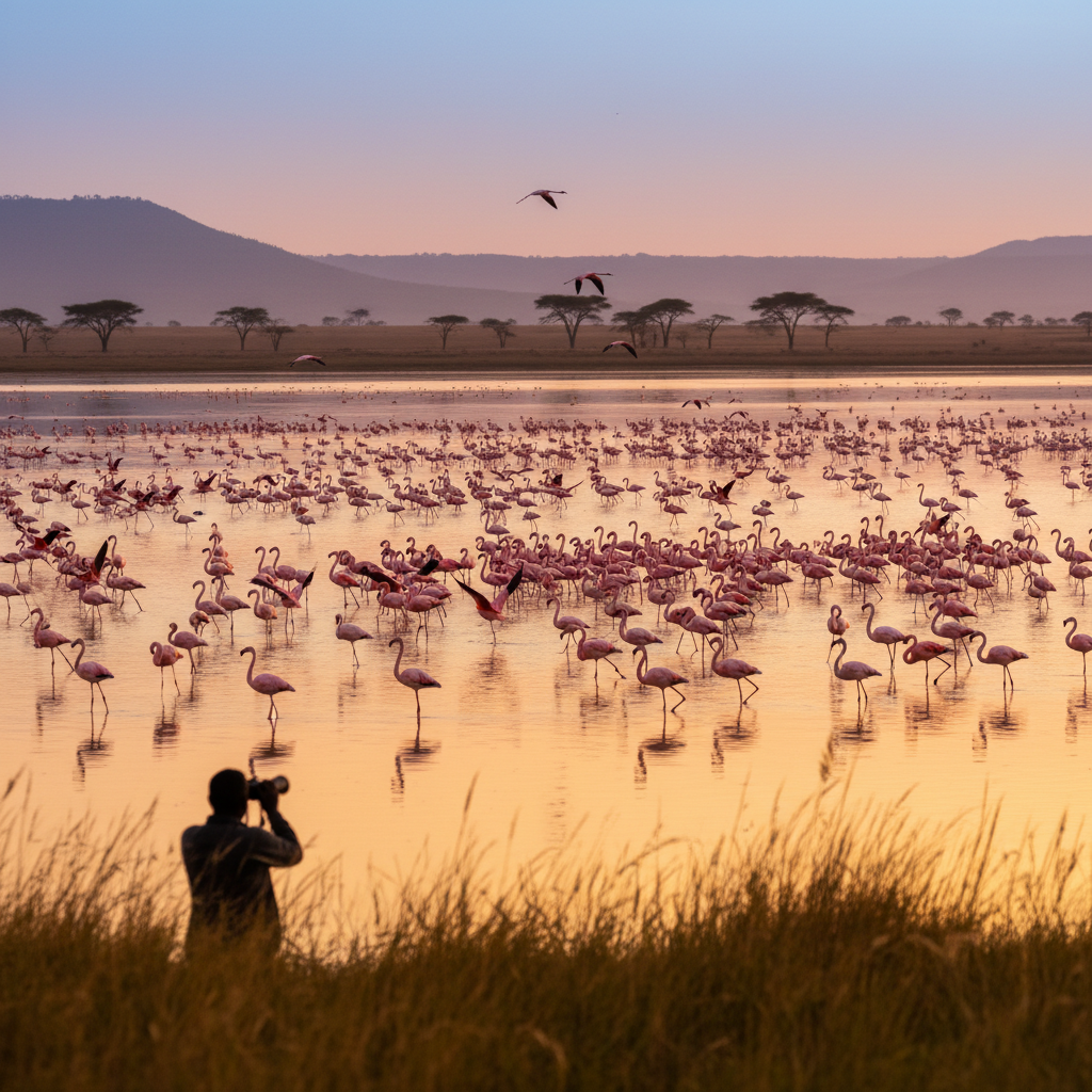 Flock of flamingos at African lake sunset