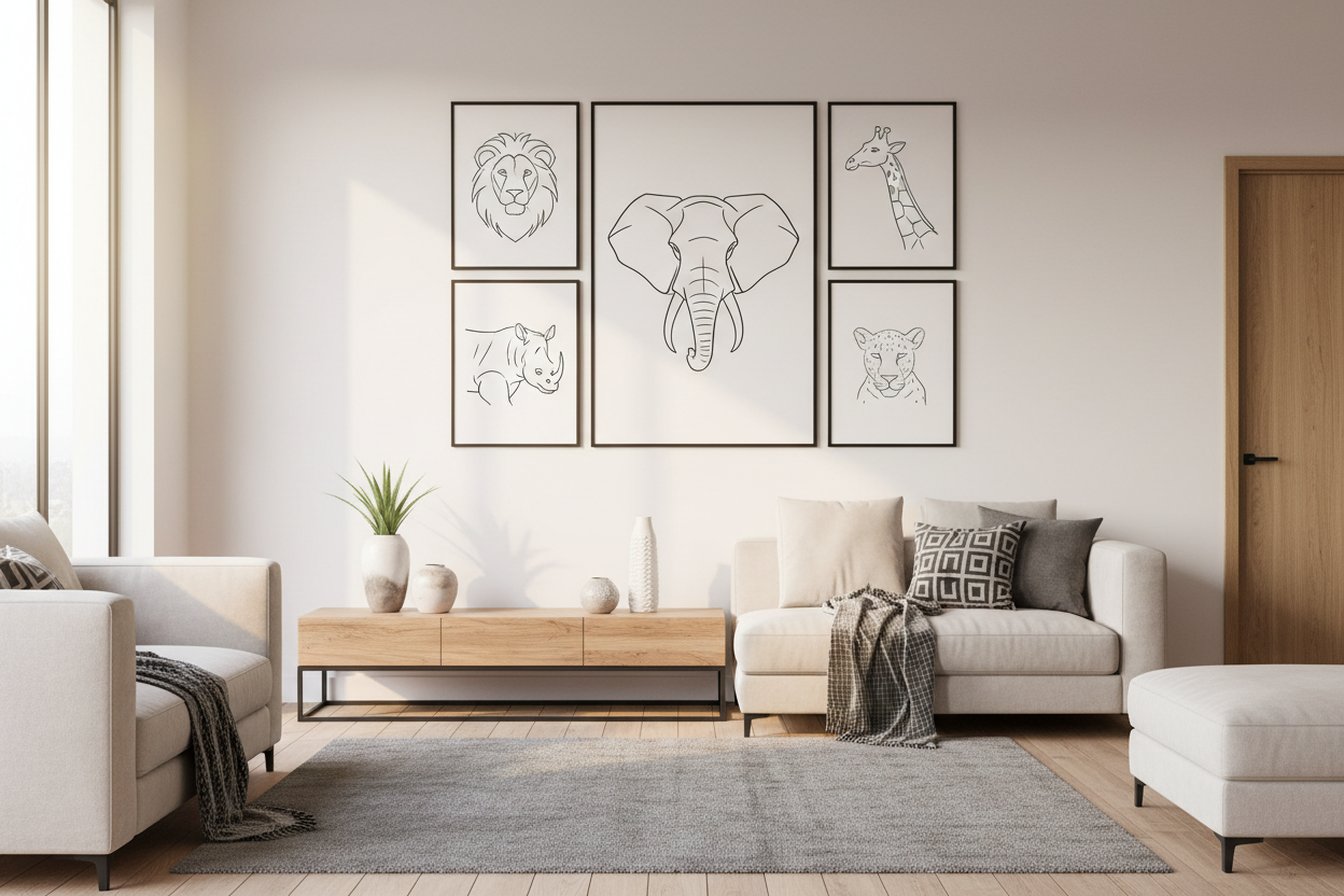 Gallery wall with Big Five prints