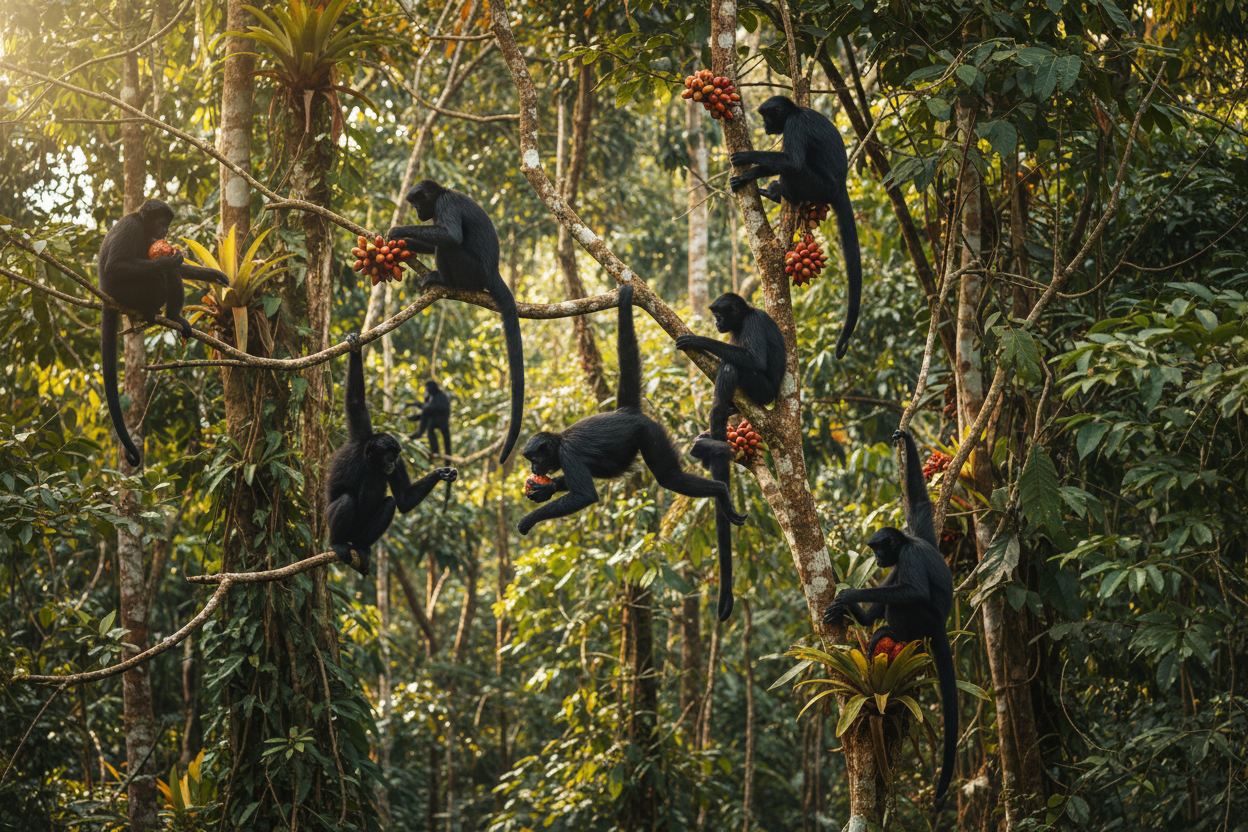 Black spider monkey troop foraging in Amazon canopy