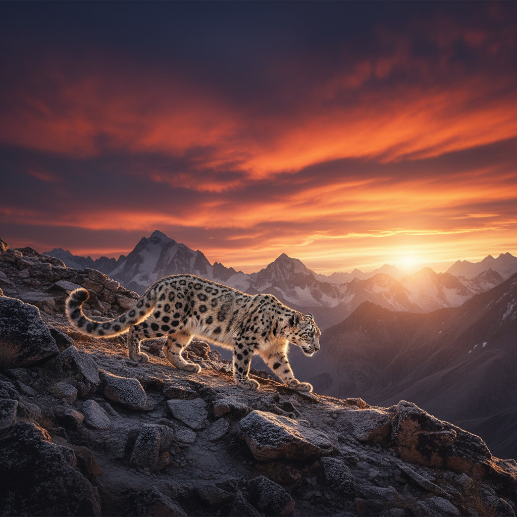 Snow leopard on mountain ridge