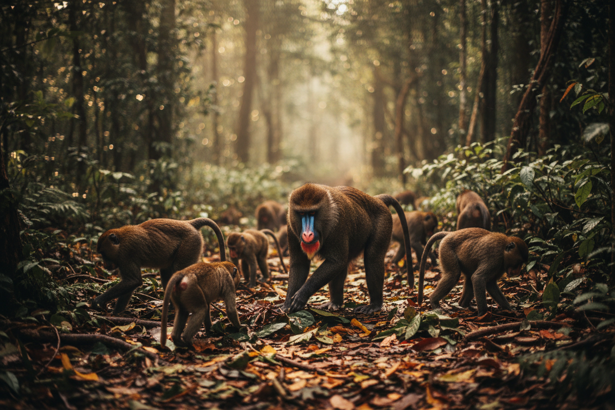 Drill monkey troop foraging in Cameroon rainforest