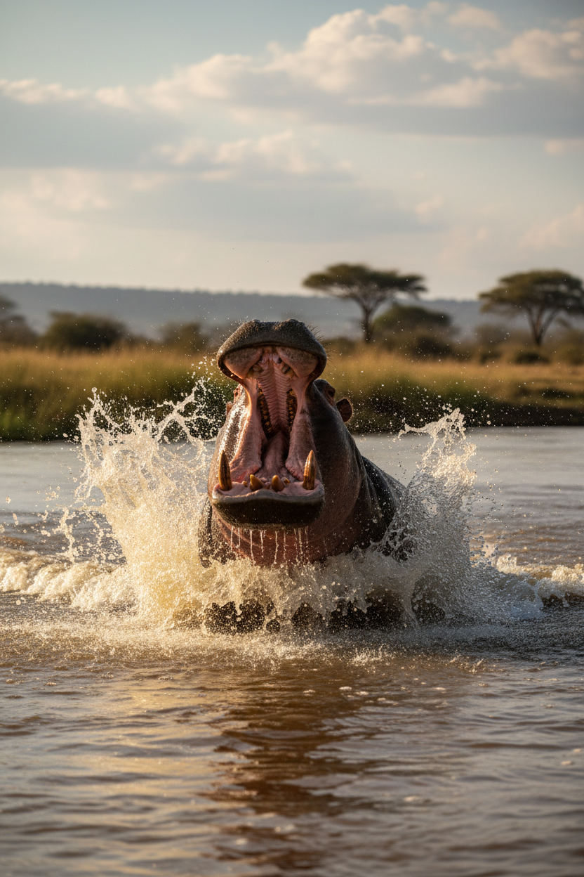 Hippo charging through water