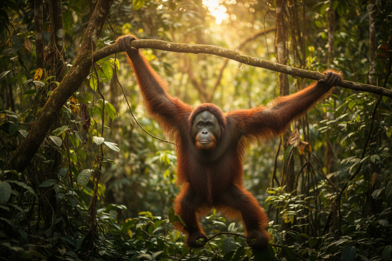 Bornean orangutan swinging through rainforest canopy