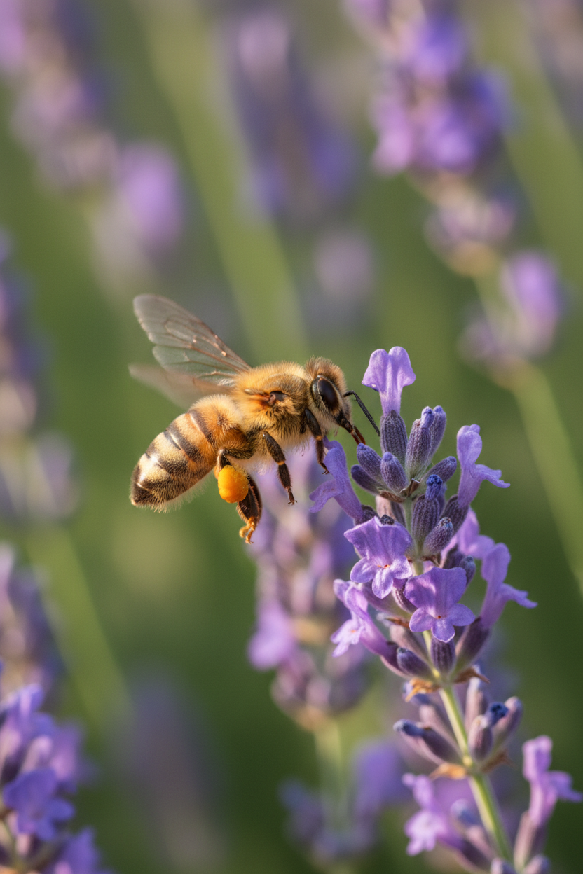 Honeybee in flight near lavender