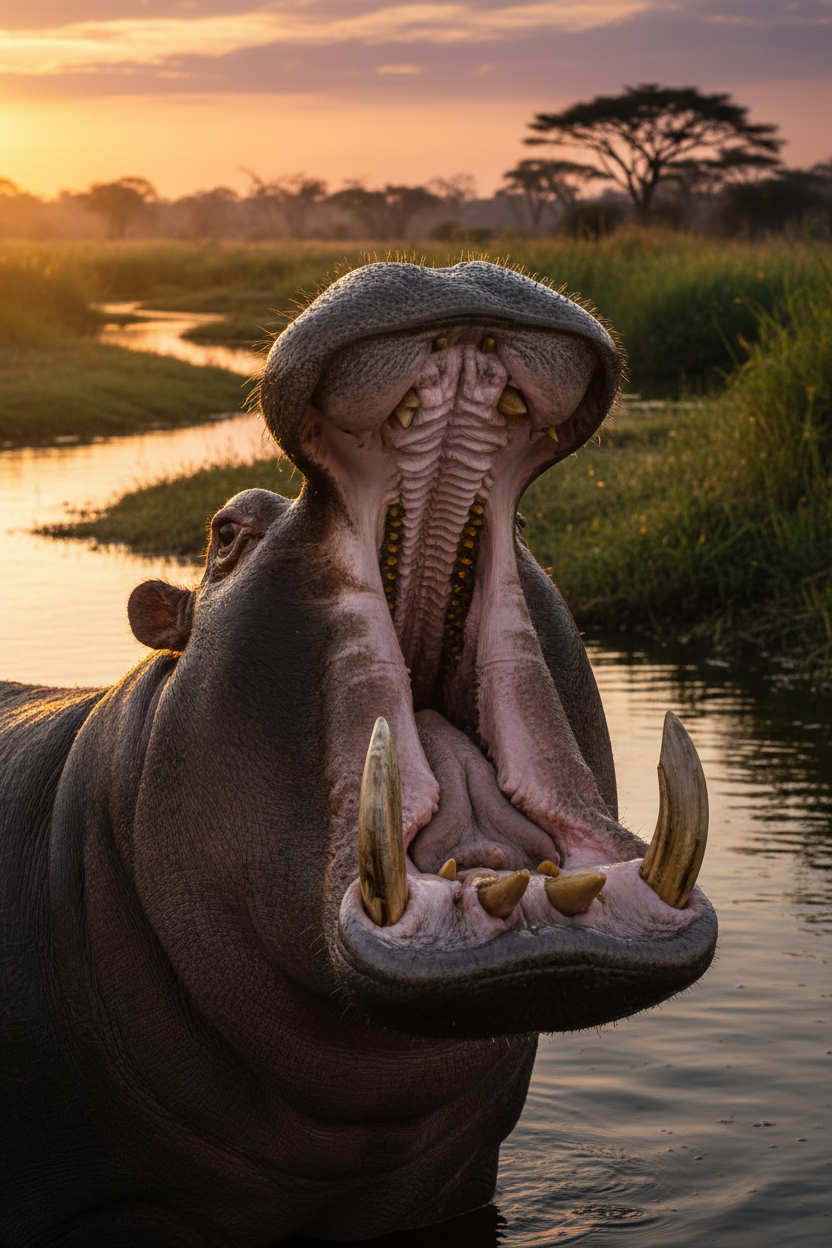 Hippo yawning showing tusks