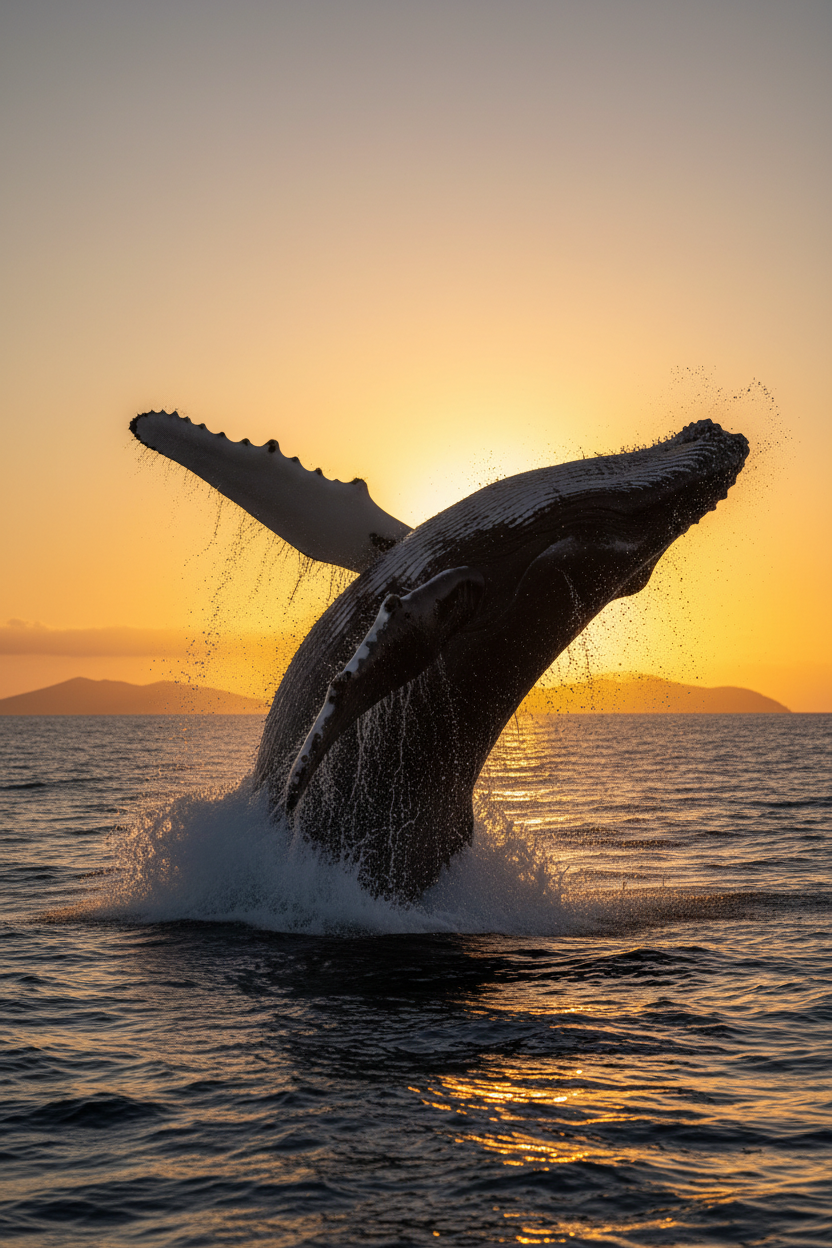 Humpback whale breaching at sunset