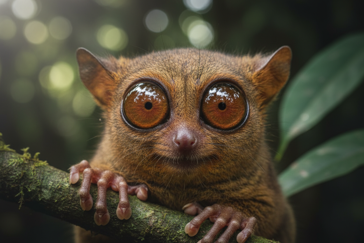 Philippine tarsier extreme close-up showing enormous amber eyes