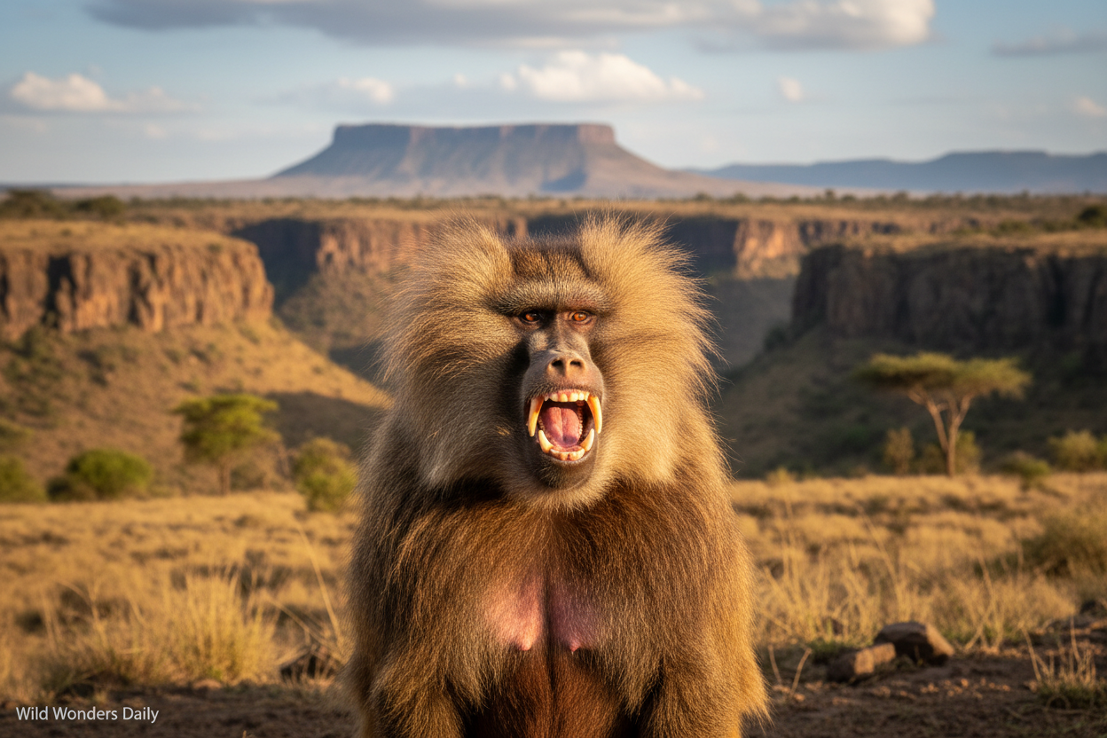 Male gelada baboon lip-flip threat display