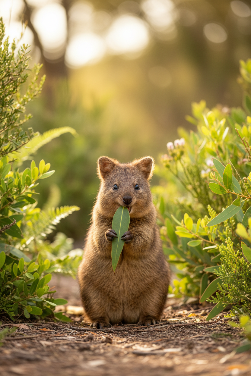 Quokka nibbling on leaf