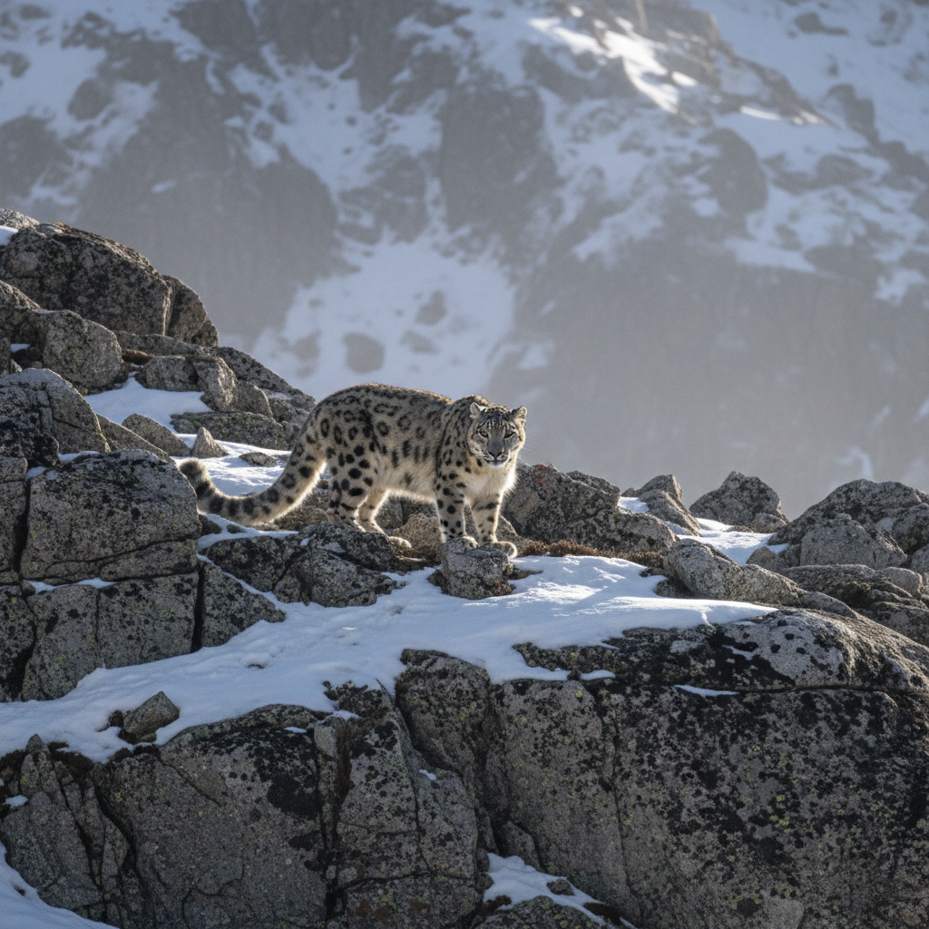 Snow leopard camouflaged on rocks