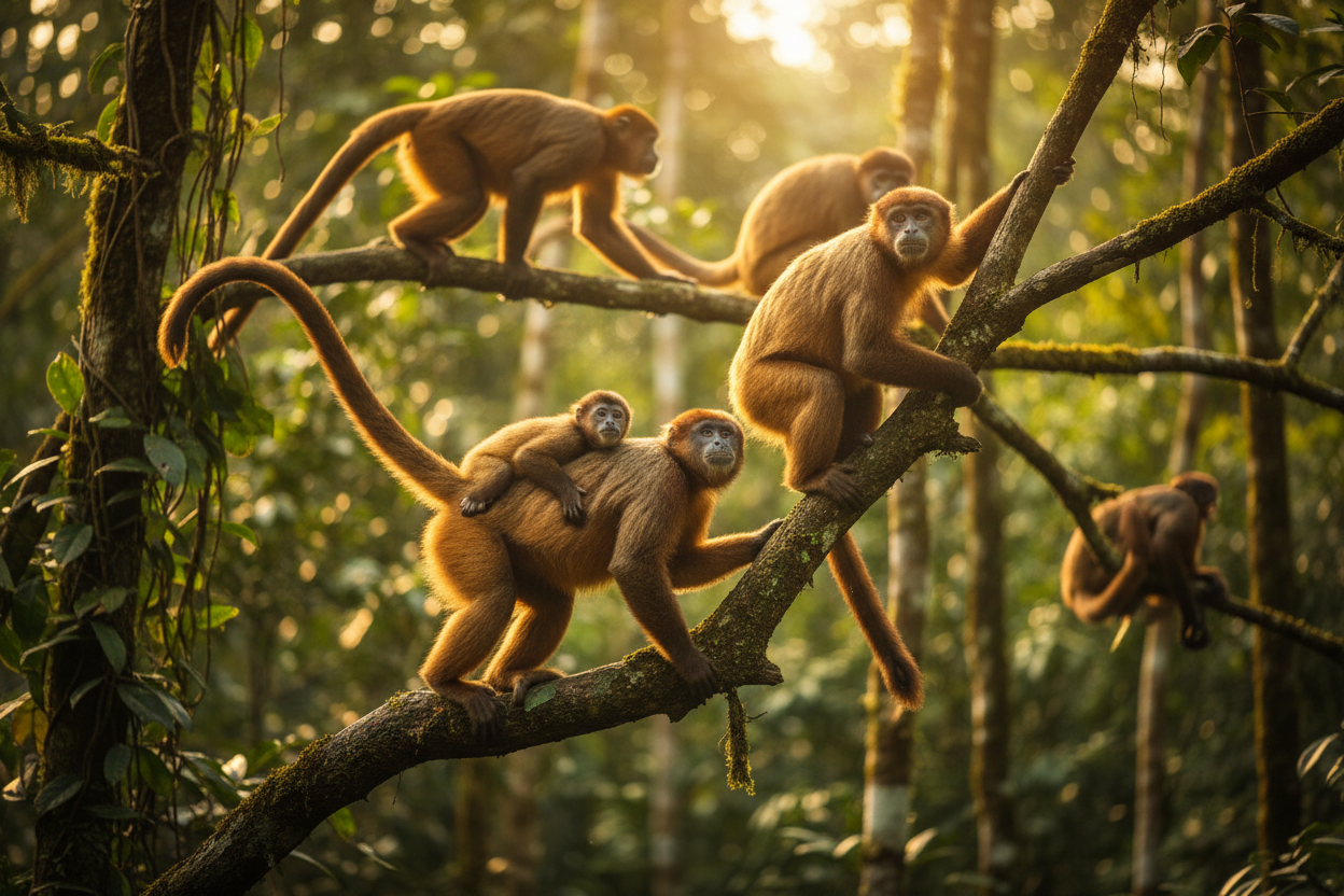 Howler monkey troop in Amazon rainforest canopy