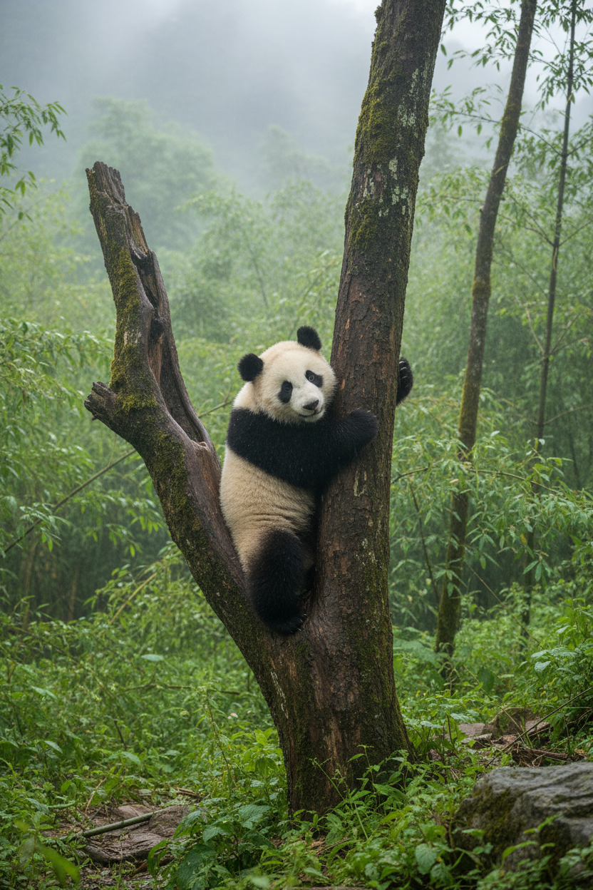 Panda climbing tree