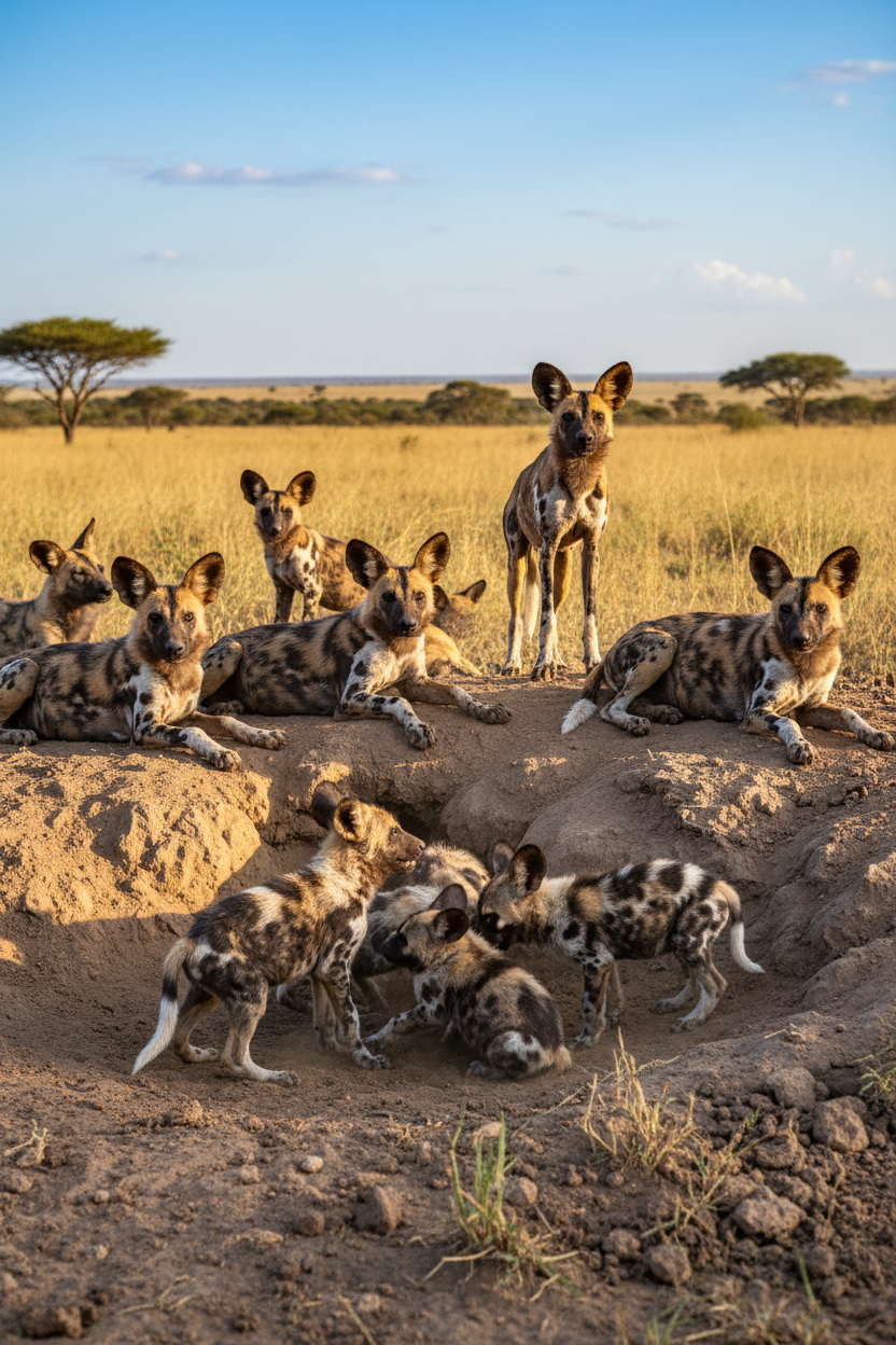 Wild dog pups at den