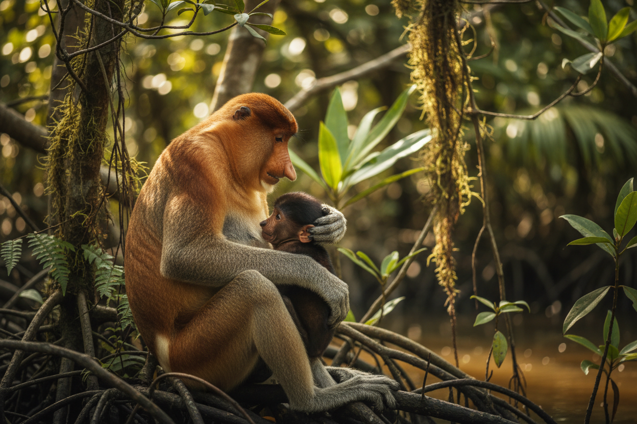 Proboscis monkey mother and infant in Borneo forest