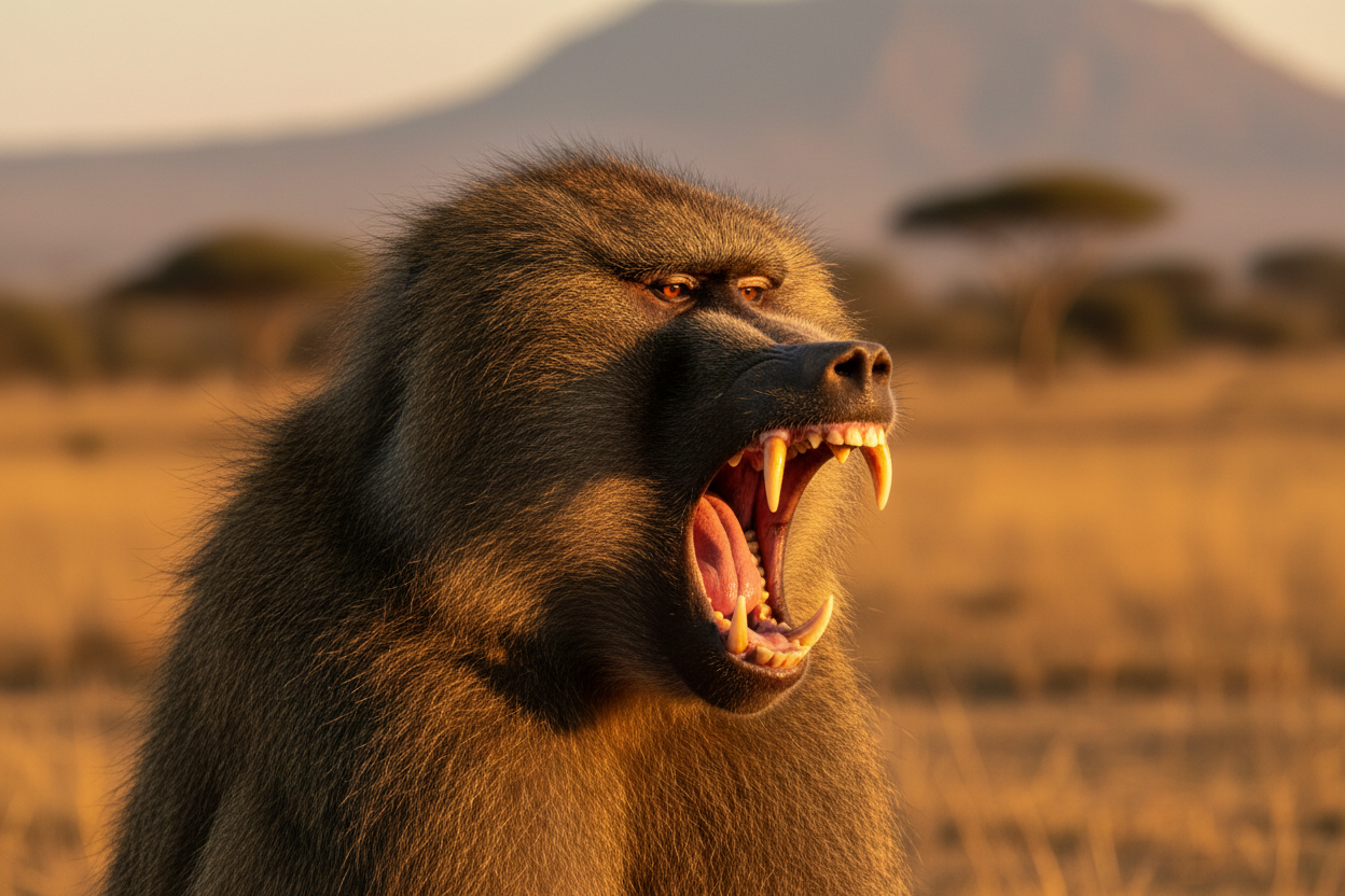 Dominant male olive baboon yawning threat display