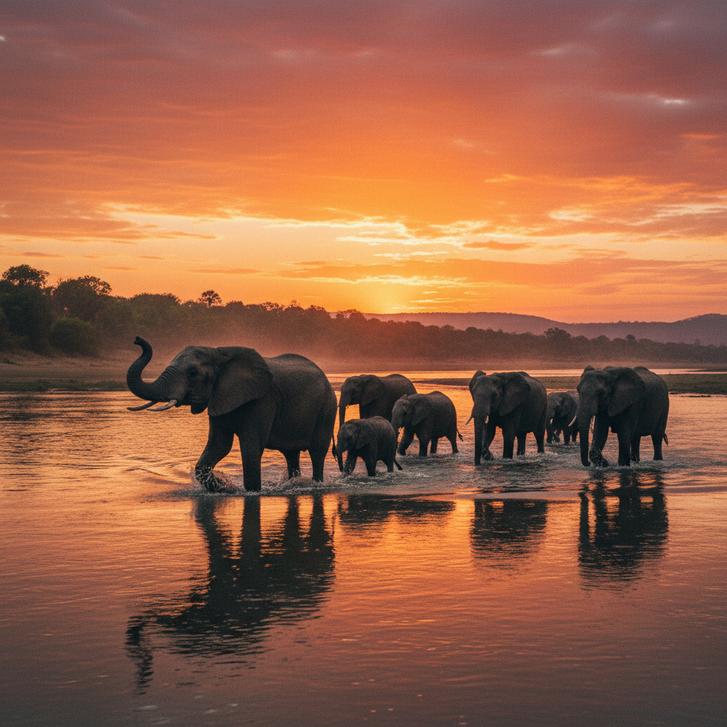 Elephant herd crossing river at sunset