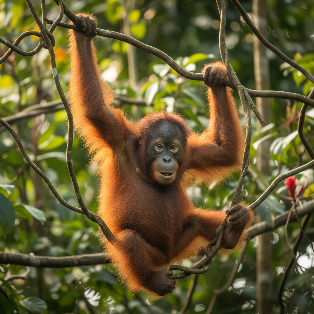 Young orangutan hanging from vines in rainforest canopy