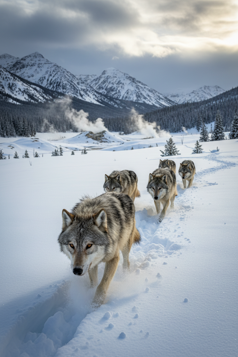Alpha wolf leading pack through snow