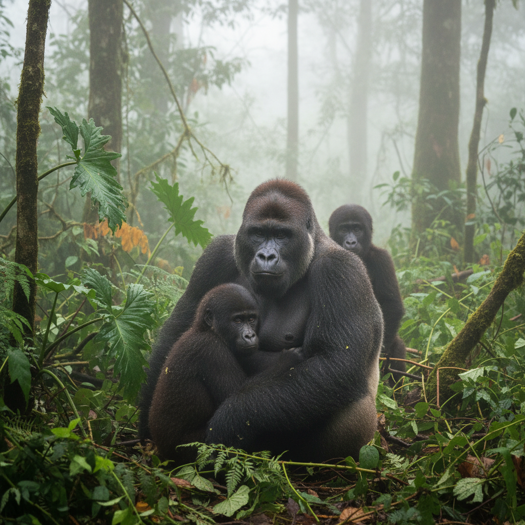 Gorilla family in misty rainforest