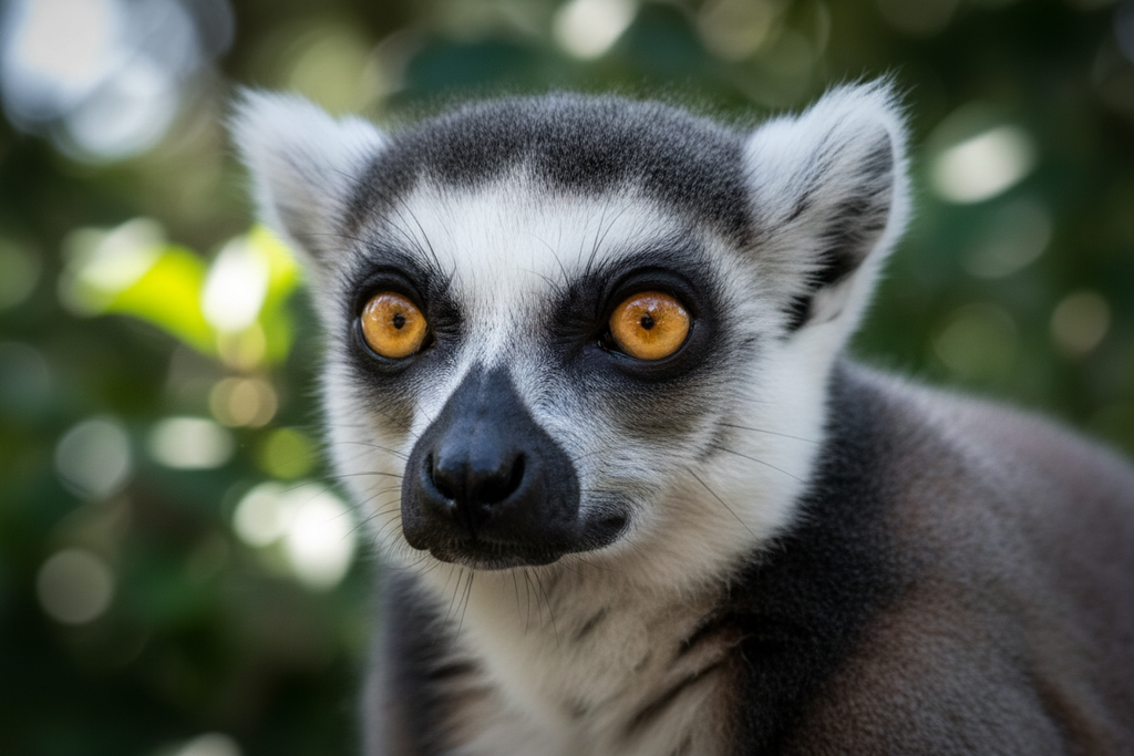 Ring-tailed lemur close-up portrait with yellow-orange eyes
