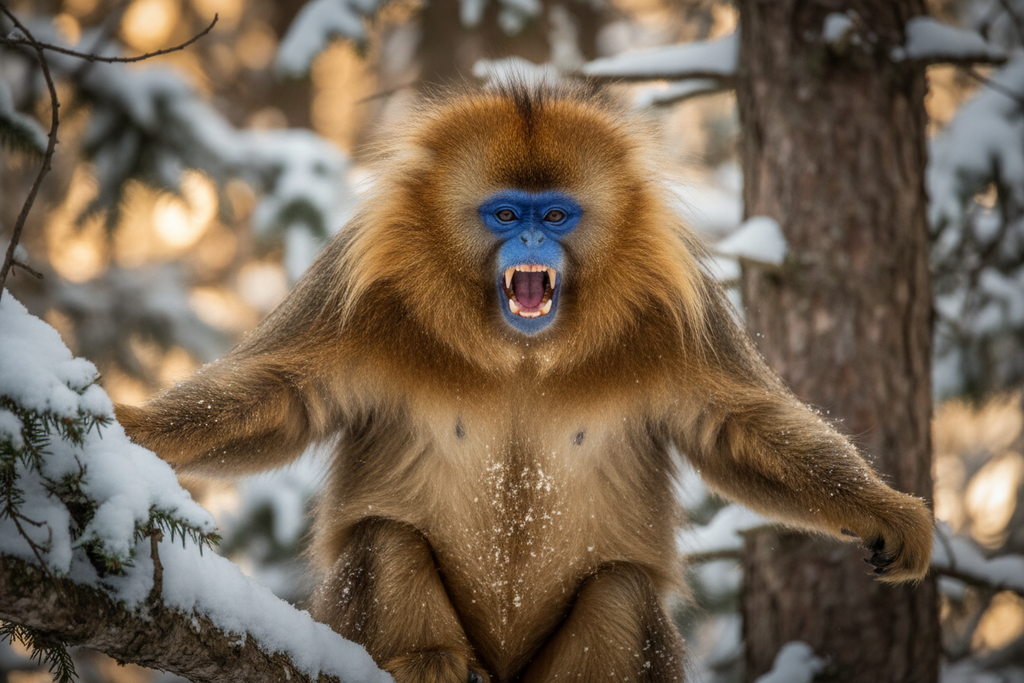 Male golden snub-nosed monkey dominant display in Sichuan forest