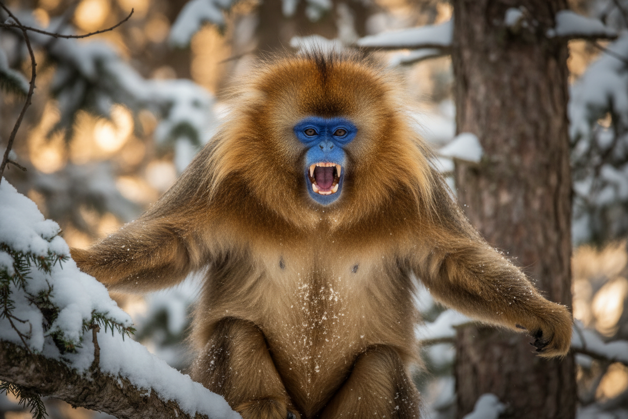 Male golden snub-nosed monkey dominant display in Sichuan forest