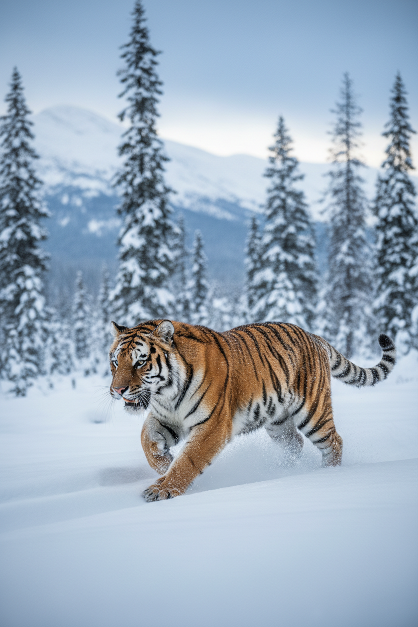 Tiger hunting through snow