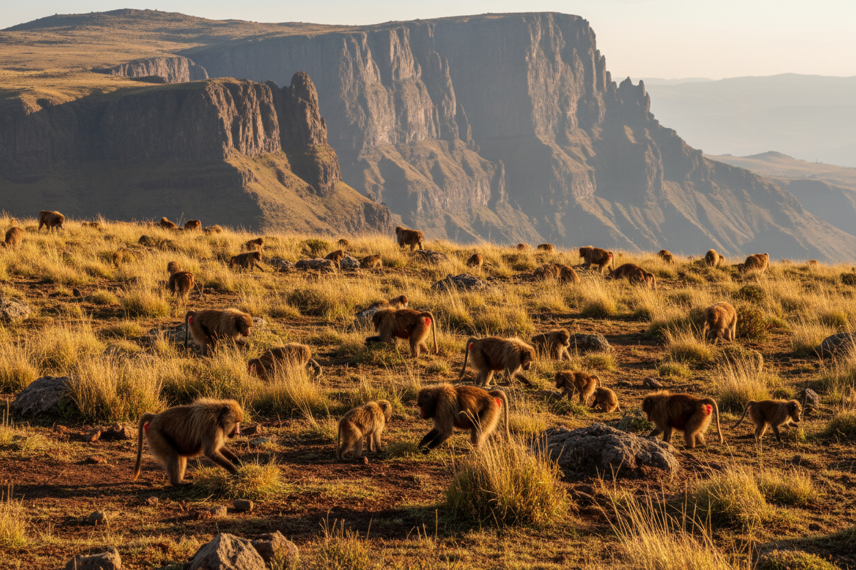 Gelada baboon troop grazing on Ethiopian highland plateau