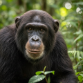 Chimpanzee portrait in rainforest