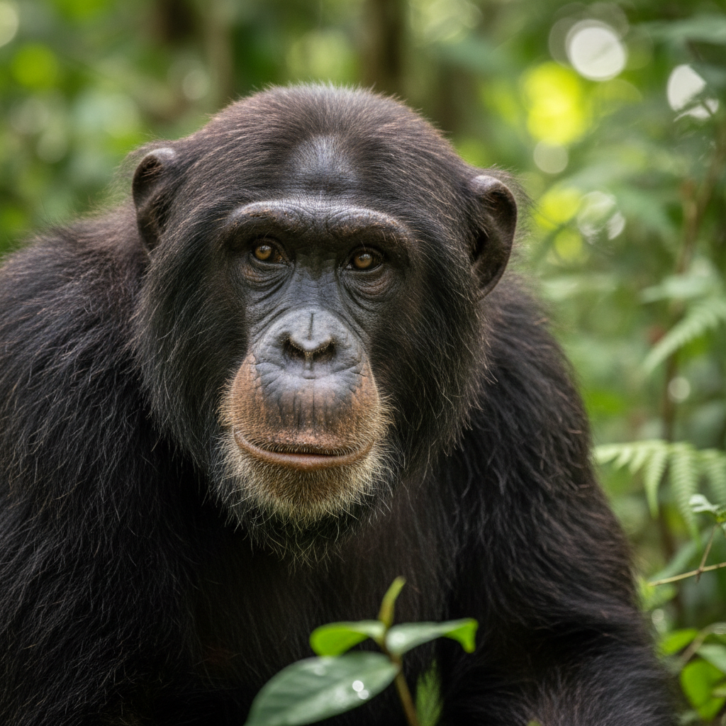 Chimpanzee portrait in rainforest
