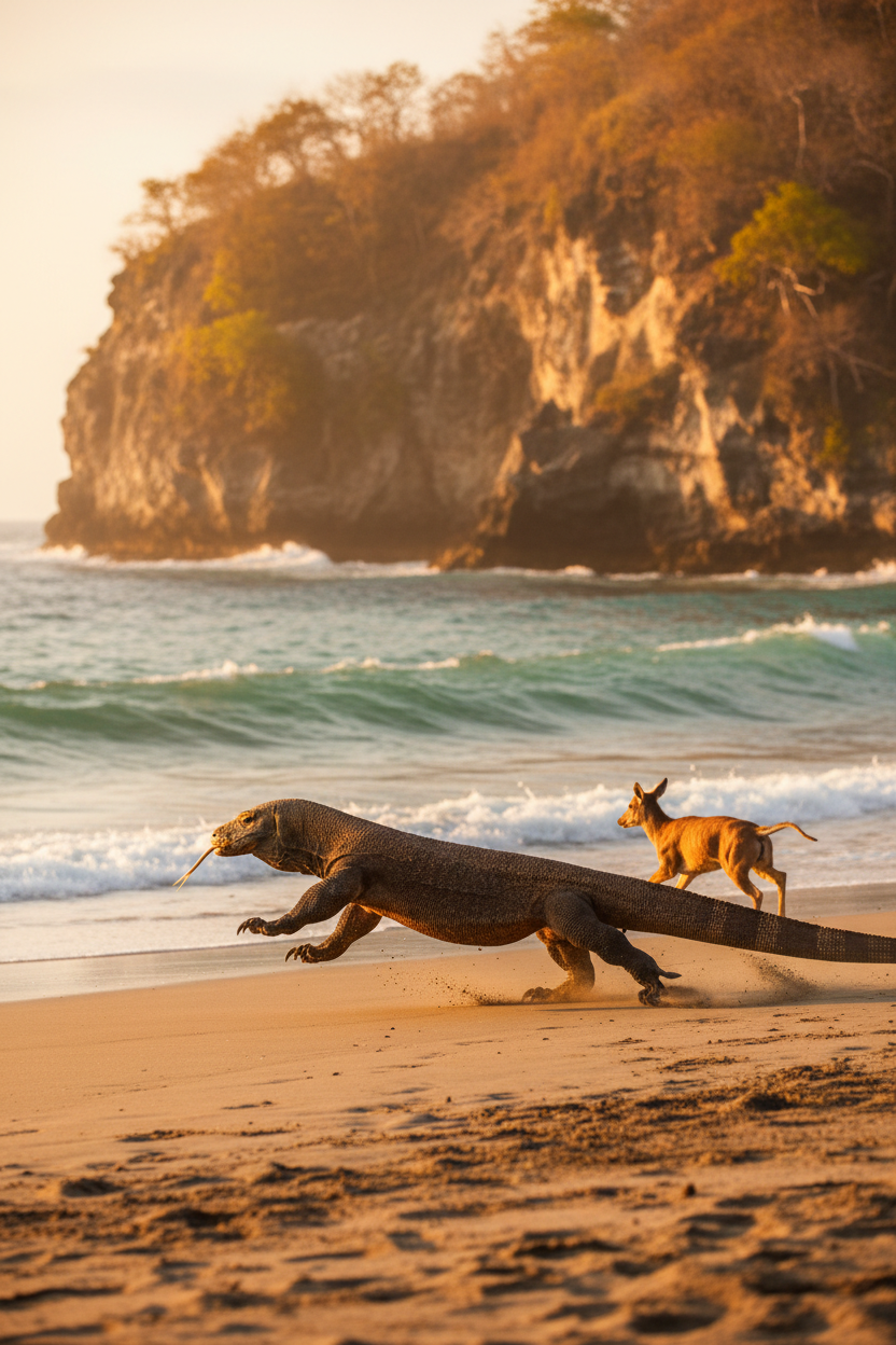 Komodo dragon hunting on beach