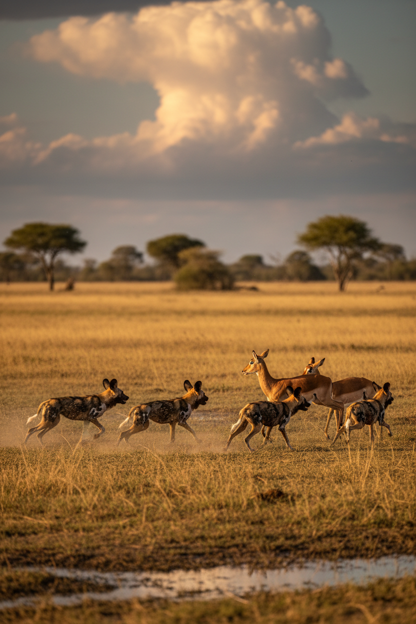 Wild dogs hunting impala