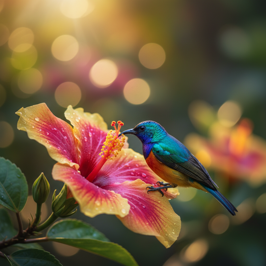 Sunbird feeding on tropical flower