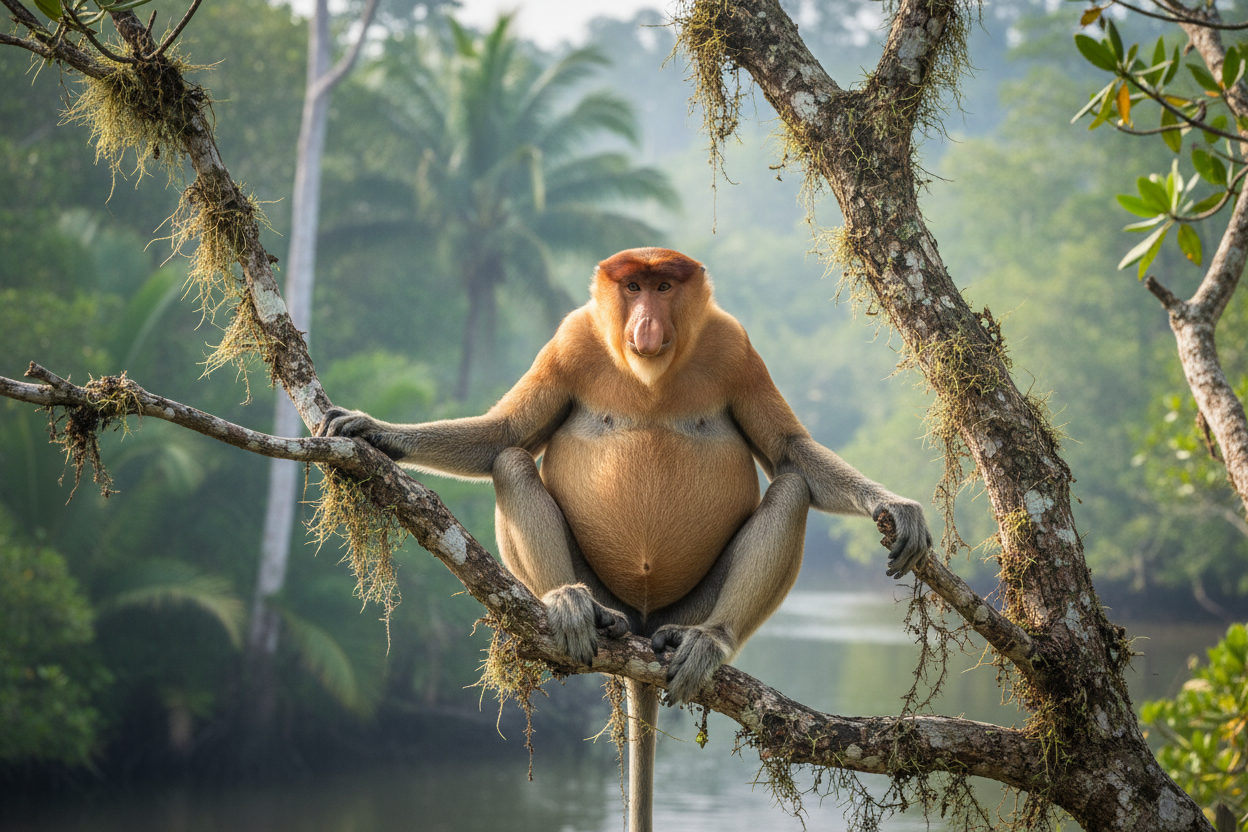 Proboscis monkey male in Borneo mangrove tree