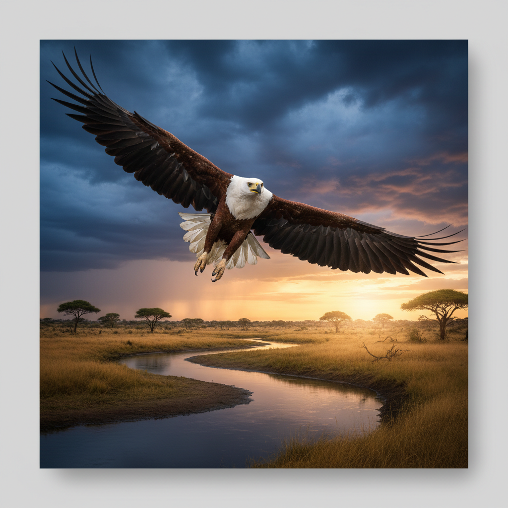 African fish eagle in flight over river