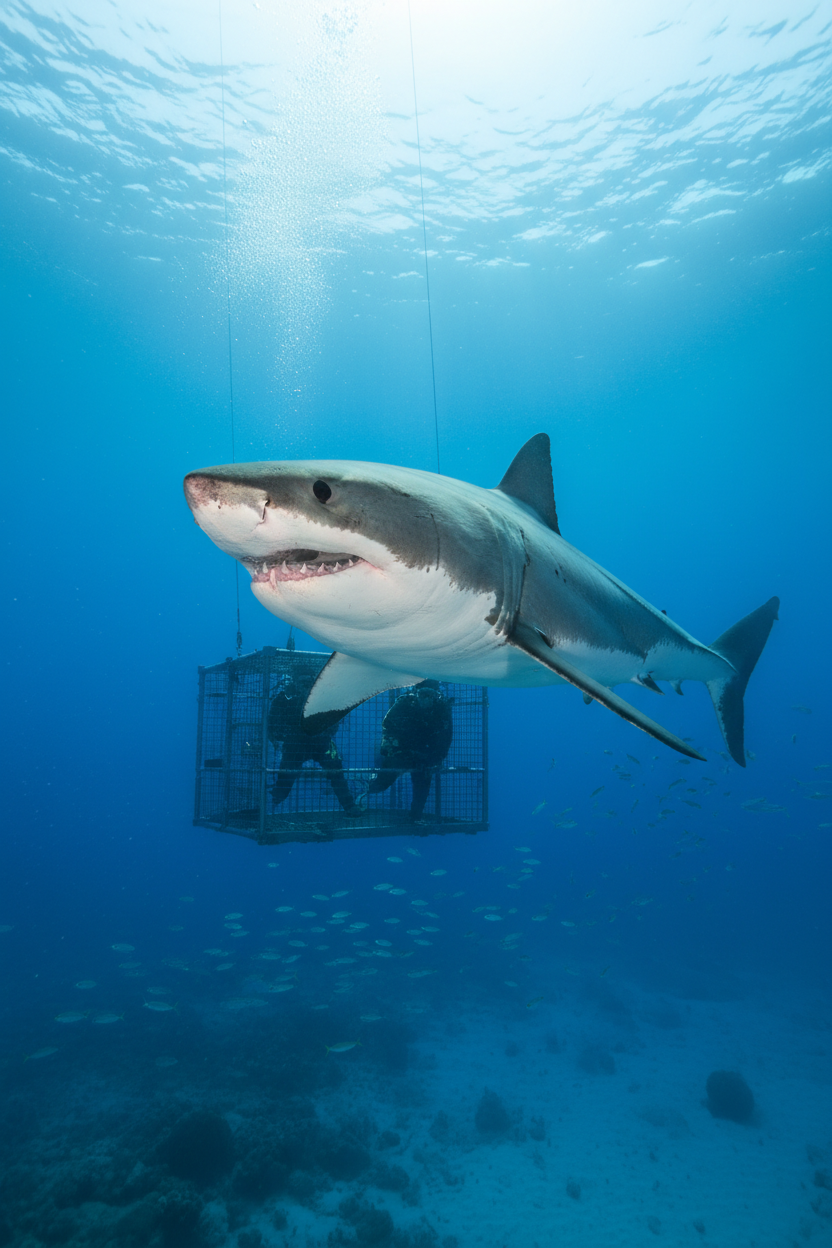 Great white shark with dive cage