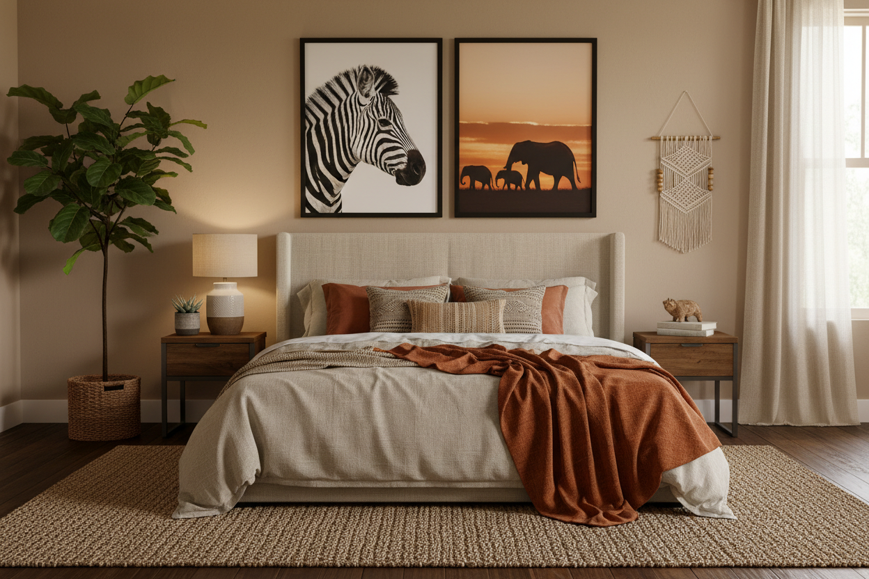 Prints in safari bedroom setting