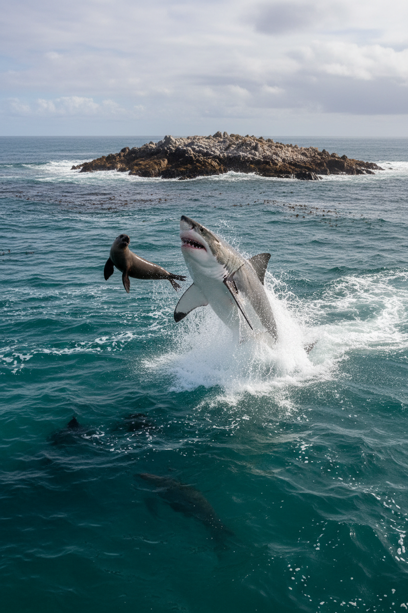 Great white breaching at Seal Island