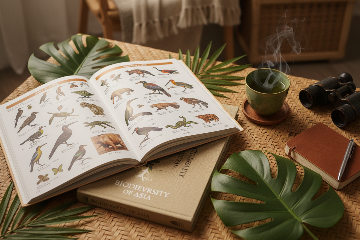 Book flat lay on bamboo mat