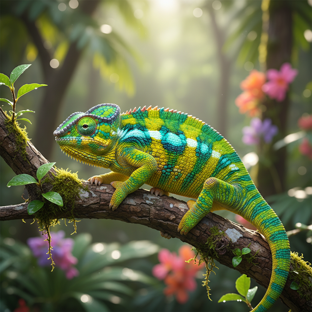 Colorful chameleon on branch changing colors