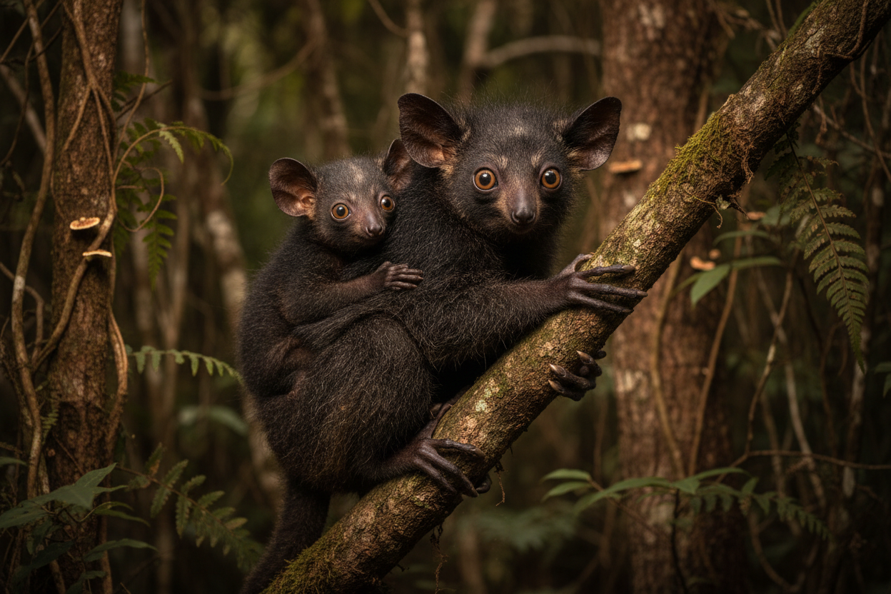 Aye-aye mother and infant in Madagascar forest at night