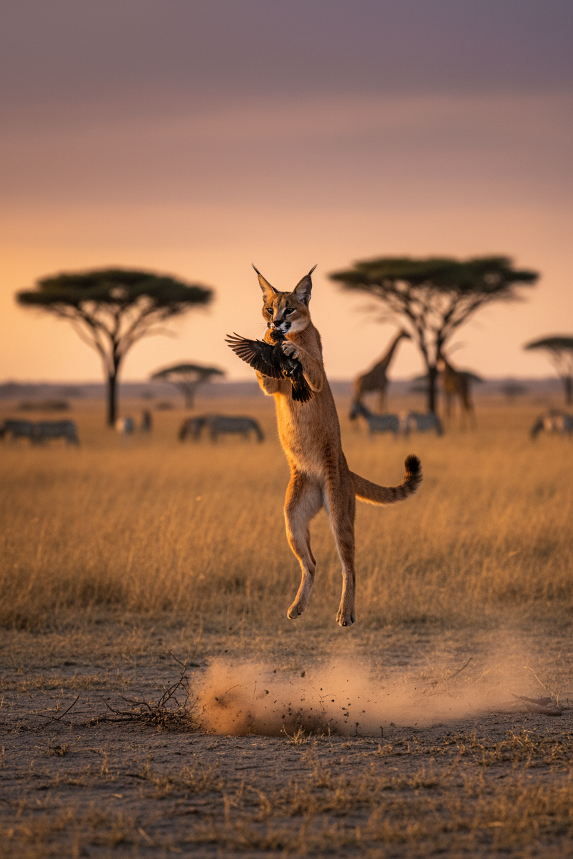 Caracal leaping to catch bird