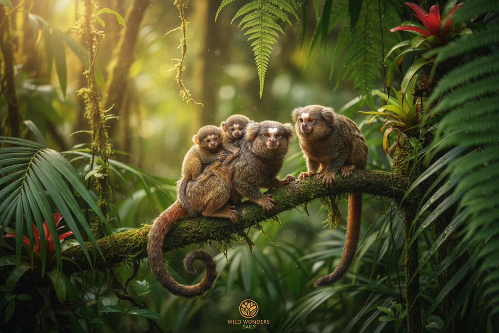 Pygmy marmoset father carrying twins on his back
