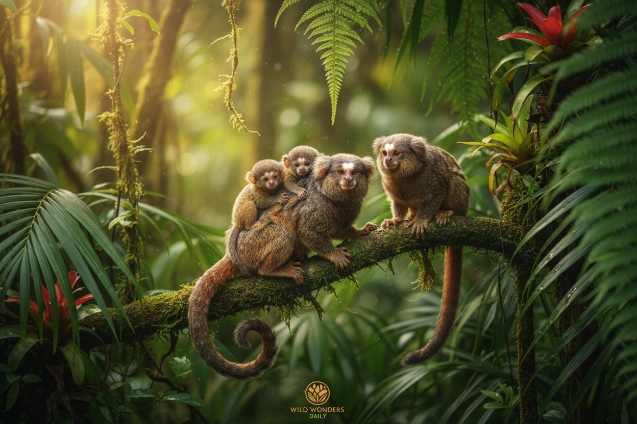 Pygmy marmoset father carrying twins on his back