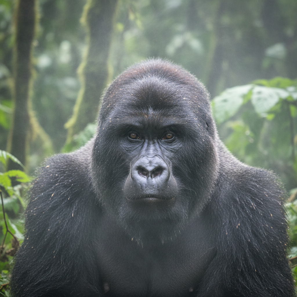 Endangered mountain gorilla in misty rainforest