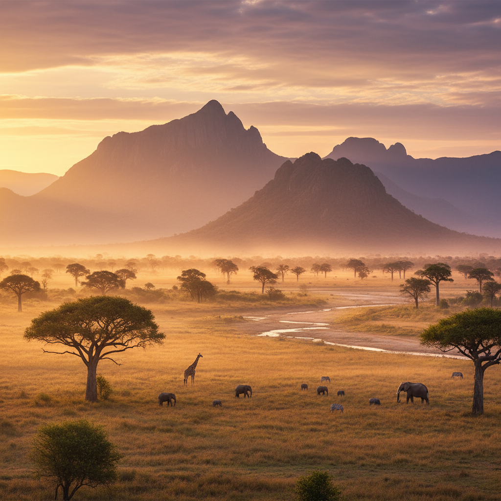 Vast African national park landscape at sunrise