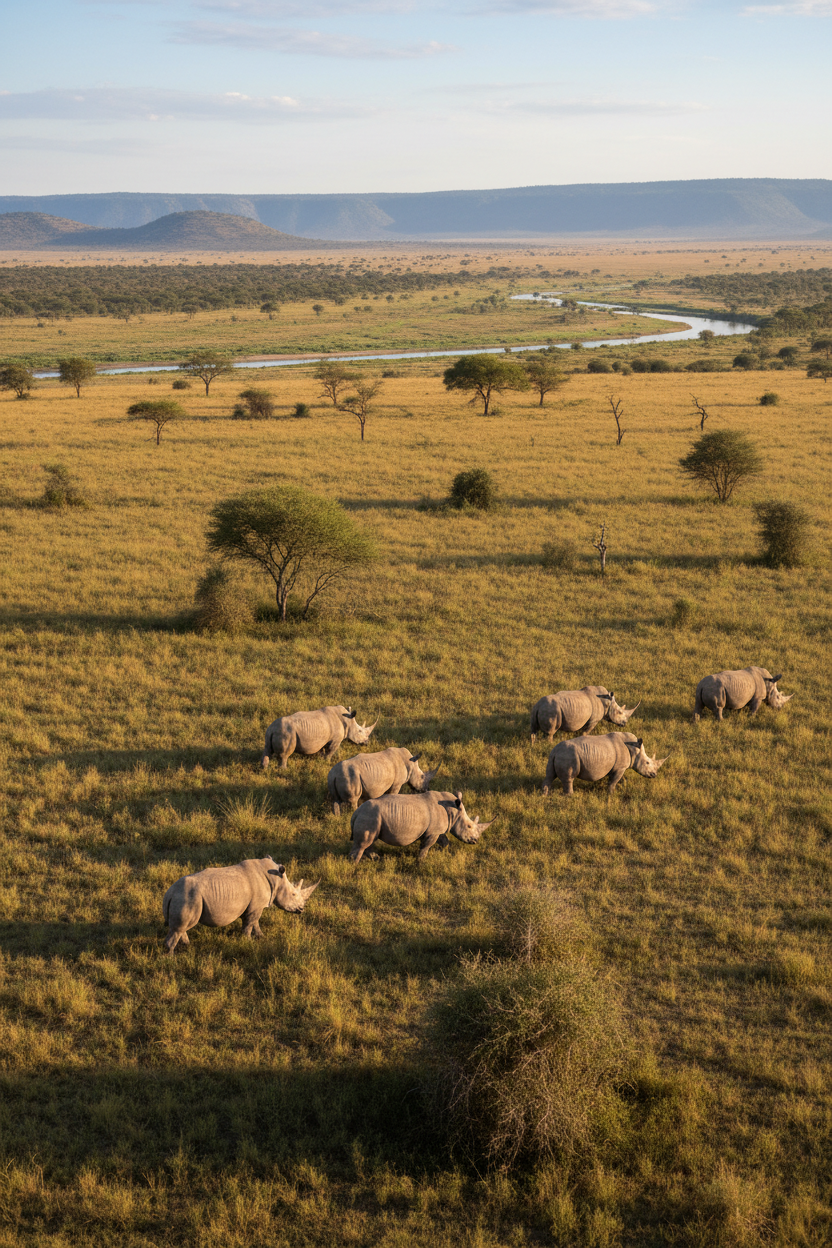Crash of white rhinos aerial view