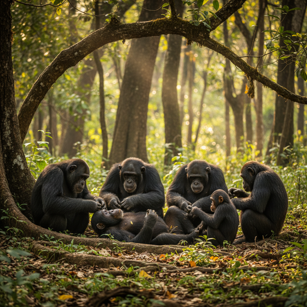Group of chimpanzees grooming in forest