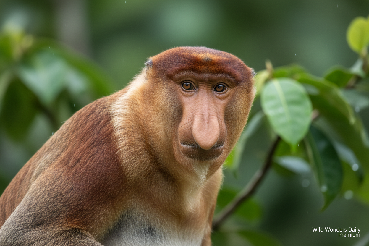 Proboscis monkey close-up portrait showing extraordinary nose
