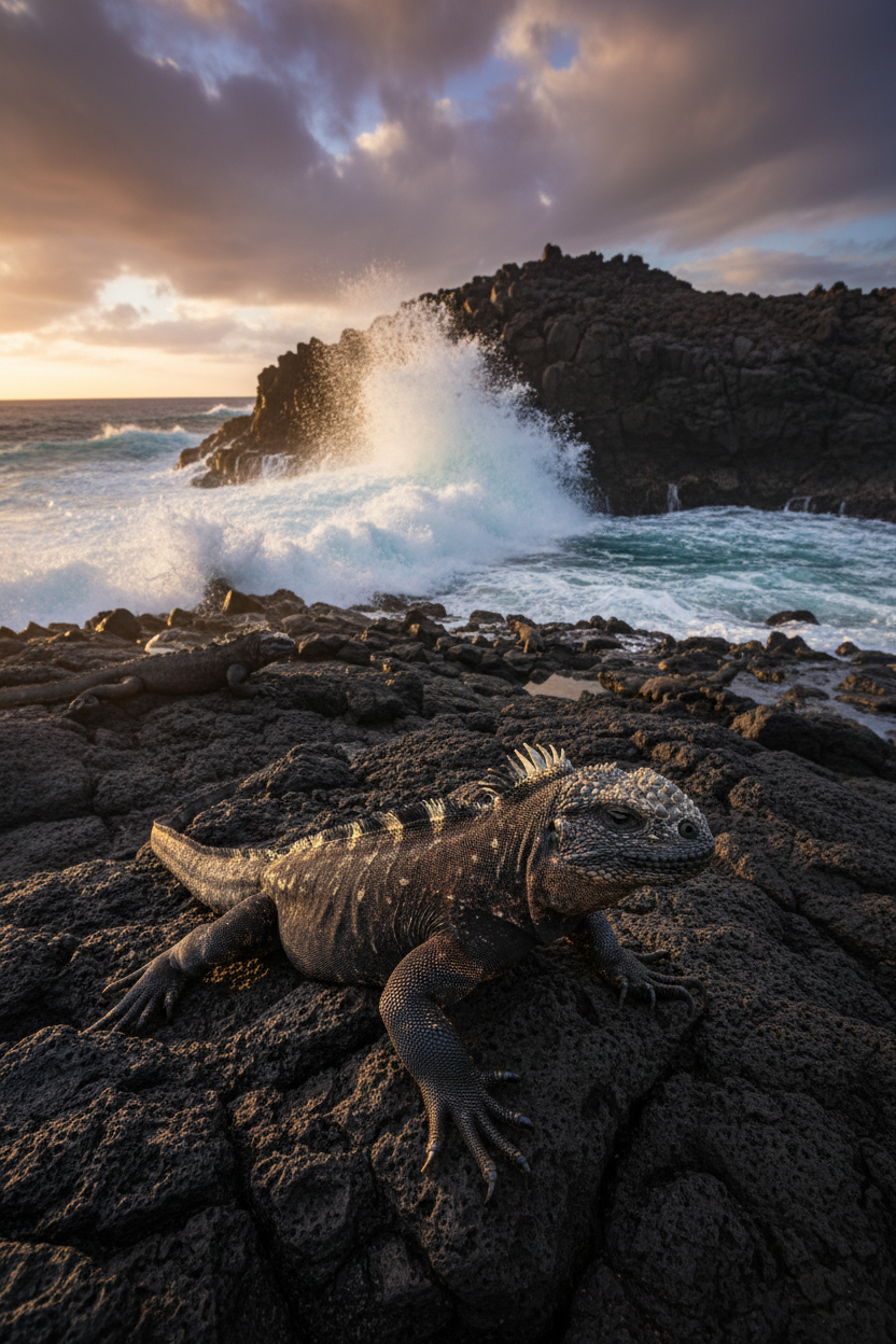 Marine iguana on volcanic rocks